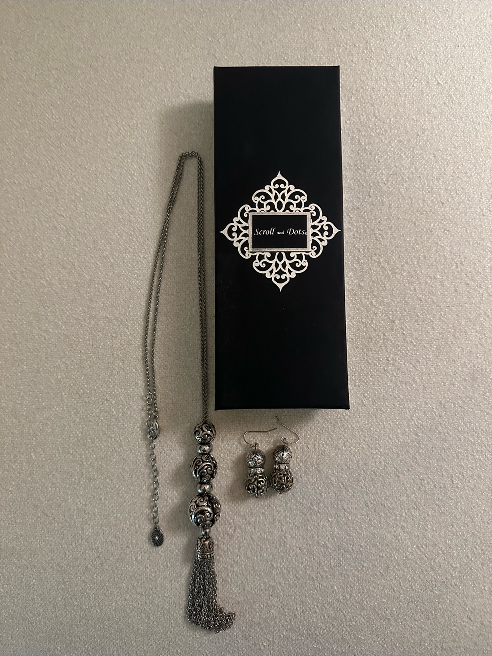 Scroll and Dot Silver Filigree Tassel Necklace & Earrings Boho Vintage Inspired